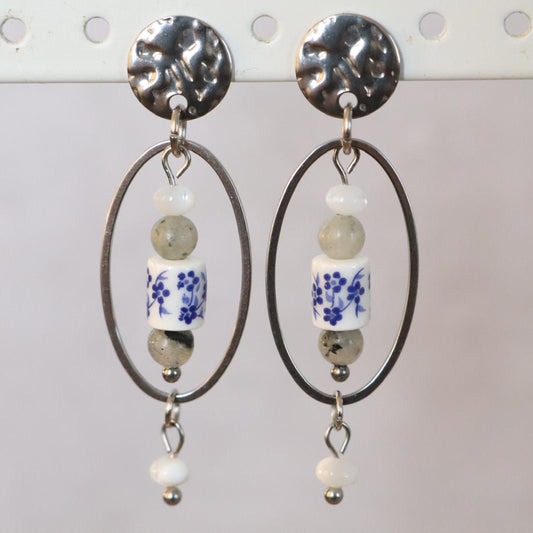 HARBOR DELFT | Oorbellen | blauw wit | rvs