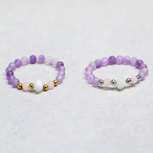 SHELLIGHT PURPLE | Amethist, rozenkwarts & schelp ring | Zilverkleurig | One size