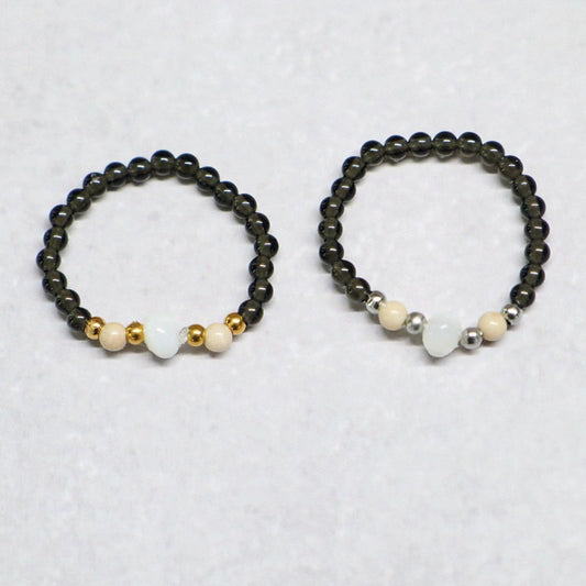 SHELLIGHT BLACK | Zwarte kwarts, howliet & schelp ring | Zilverkleurig | One size