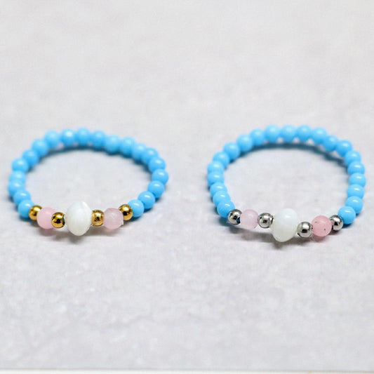 SHELLLIGHT TURQUOISE | Howliet, rozenkwarts & schelp ring | Goudkleurig | One size
