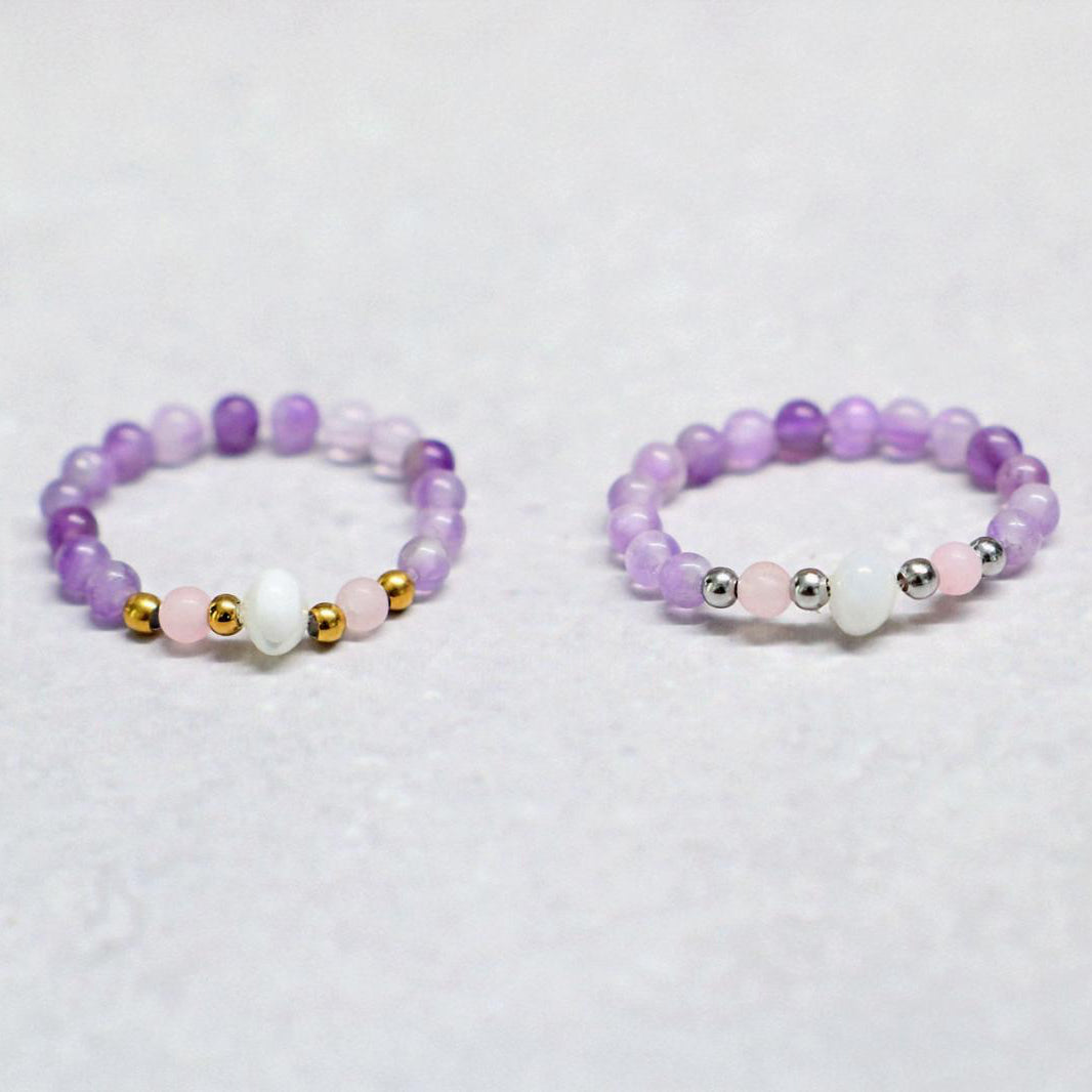 SHELLIGHT PURPLE | Amethist, rozenkwarts & schelp ring | Zilverkleurig | One size