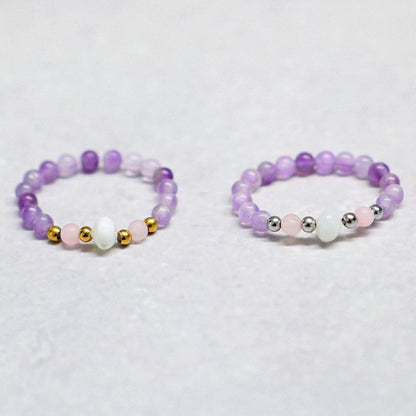 SHELLIGHT PURPLE | Amethist, rozenkwarts & schelp ring | Zilverkleurig | One size