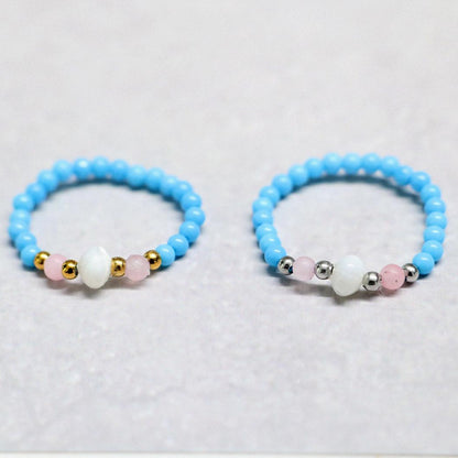 SHELLIGHT TURQUOISE | Howliet, rozenkwarts & schelp ring | Zilverkleurig | One size
