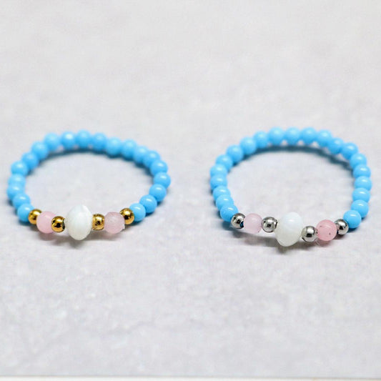 SHELLIGHT TURQUOISE | Howliet, rozenkwarts & schelp ring | Zilverkleurig | One size