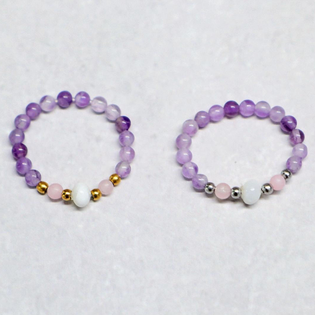 SHELLIGHT PURPLE | Amethist, rozenkwarts & schelp ring | Zilverkleurig | One size