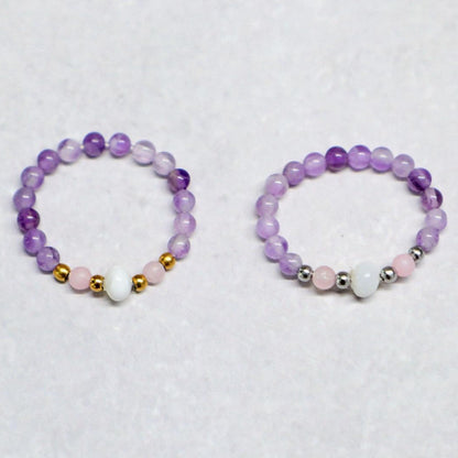 SHELLIGHT PURPLE | Amethist, rozenkwarts & schelp ring | Zilverkleurig | One size
